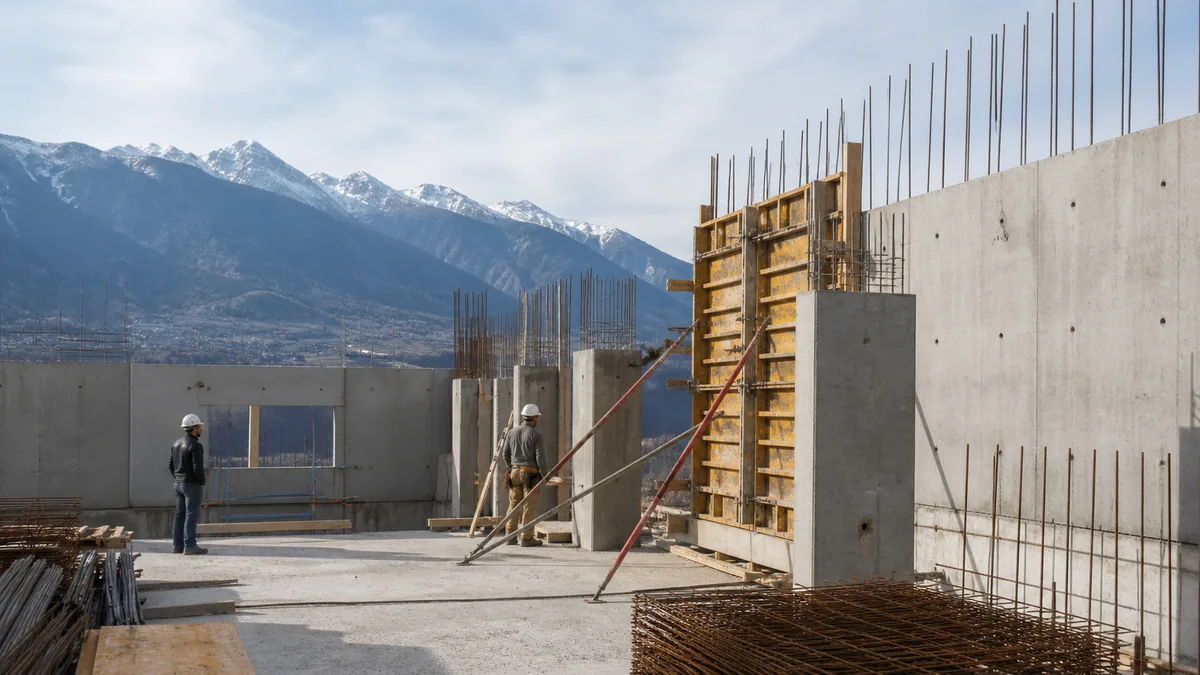 Illustration of structural building work in a Swiss Alpine landscape