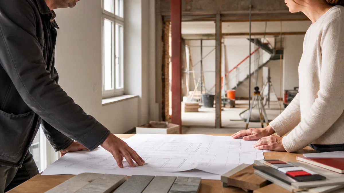 Illustration of a renovation coordination discussion in Valais