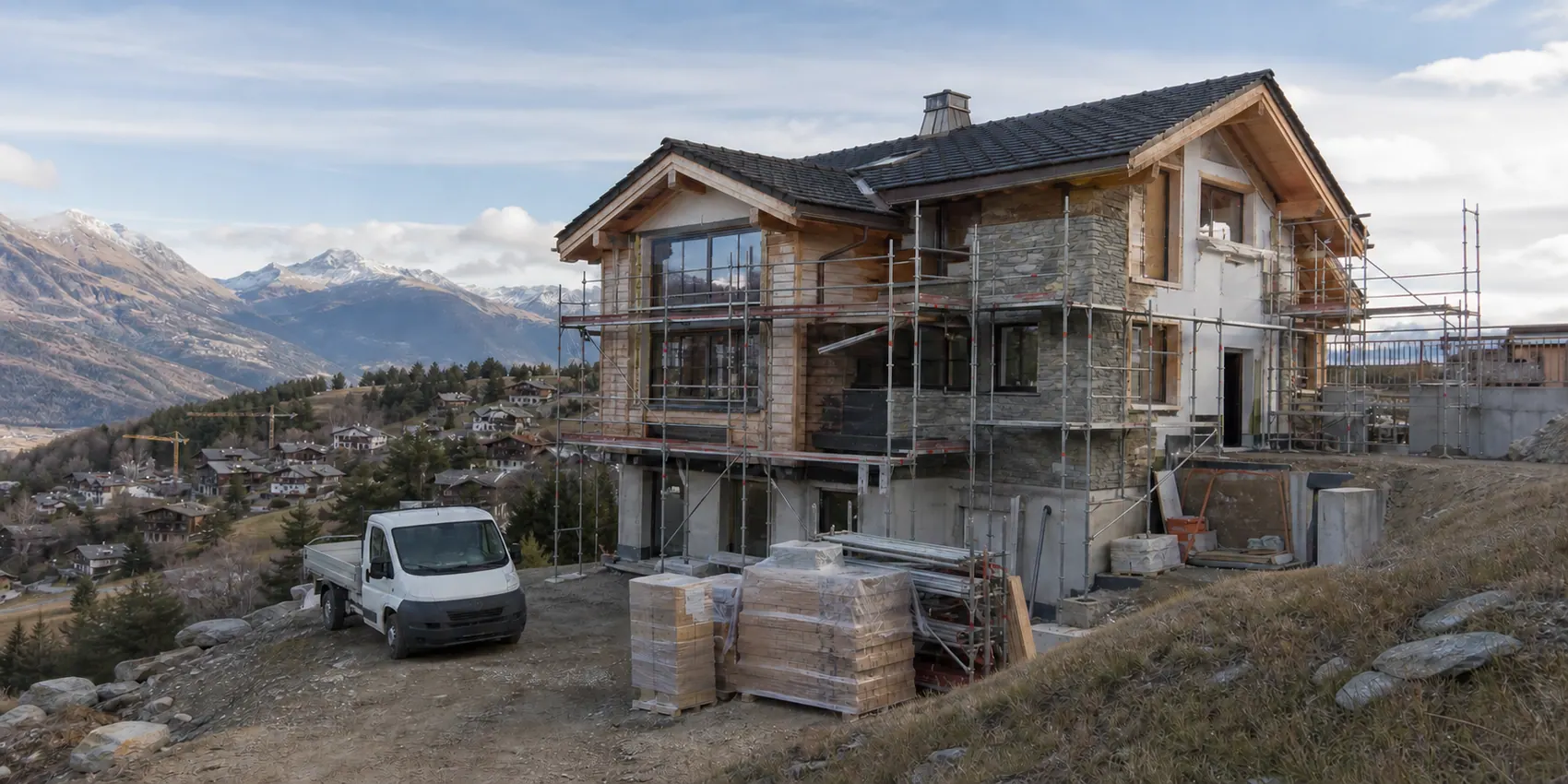 Illustration of an Alpine building renovation site