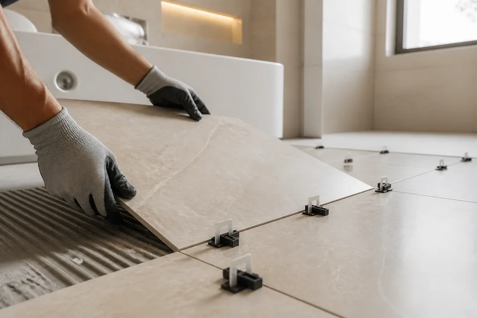 Precise installation of large-format tiles with a levelling system