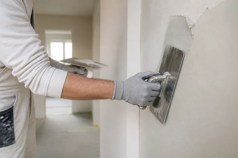 Professional smoothing of gypsum plaster on an interior wall