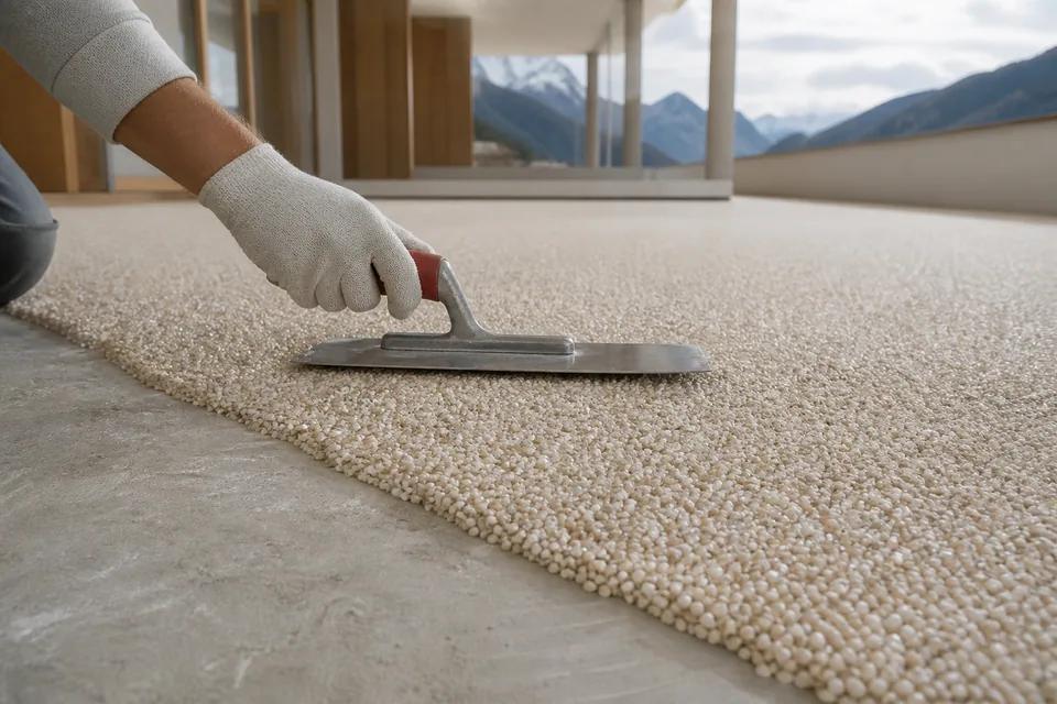 Trowel application of a continuous resin-bound marble aggregate surface
