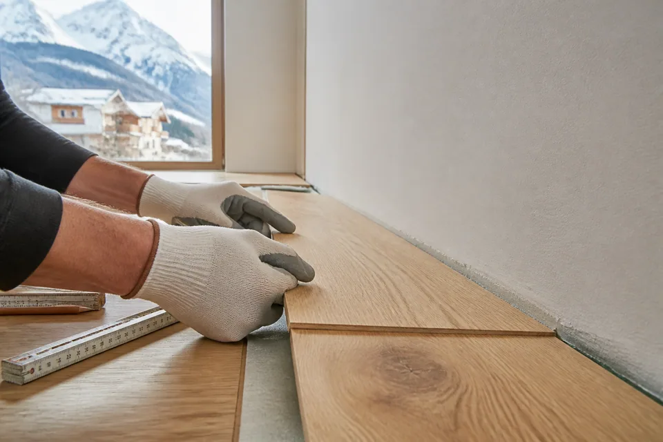 Precise installation of a timber floor covering in an Alpine interior