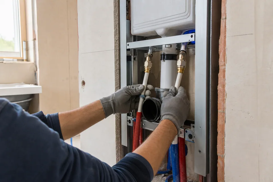 Professional sanitary plumbing connections on a concealed bathroom service frame